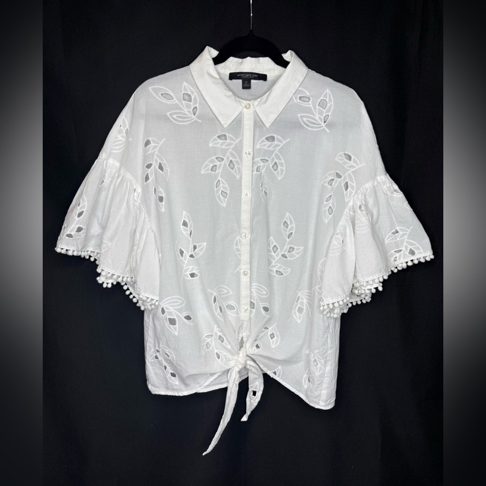 Marc New York Collard White Leaf Embroidered Blouse w/ Bell Sleeves. - Picture 1 of 9